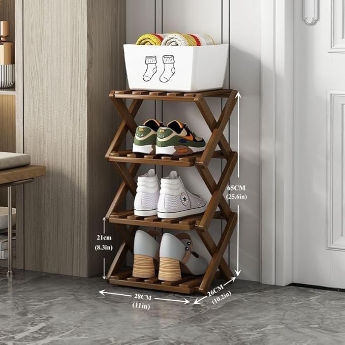 Foldable Shoe Rack, Bamboo Vertical Shoe Organizer Tall for Small Spaces. Multifunctional Narrow Shoe Shelf for Entryway, Closet, Corner, Bedroom, Hallway, Brown Color 4 Layers