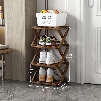 Foldable Shoe Rack, Bamboo Vertical Shoe Organizer Tall for Small Spaces. Multifunctional Narrow Shoe Shelf for Entryway, Closet, Corner, Bedroom, Hallway, Brown Color 4 Layers