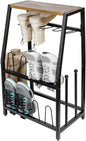 MyGift Acacia Wood & Black Metal Entryway Organizer: 2-in-1 Shoe Rack with Shelf & Boot Storage for 8 Pairs - Rustic Modern Entry Table with Adjustable Feet (Foyer/Mudroom/Garage)