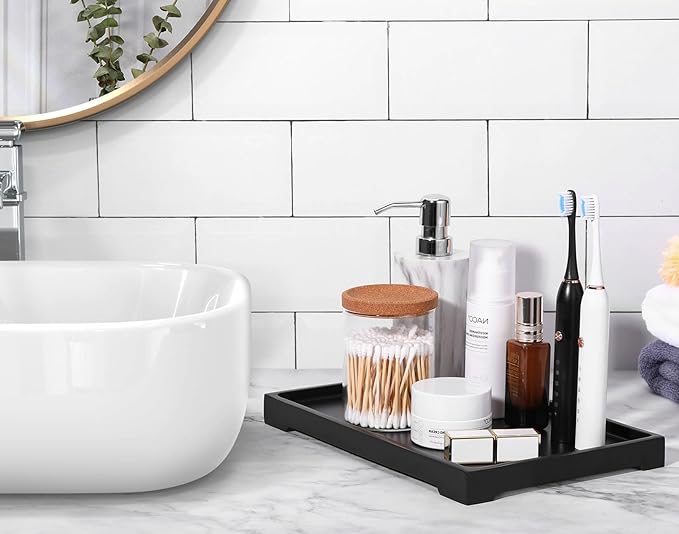 Luxspire Vanity Tray, Bathroom Tray Toilet Tank Storage Tray, Resin Kitchen Sink Trays, Vanity Countertop Organizer for Candles Soap Towel Perfume Holder Dish Decorative Serving Trays -Large- Black