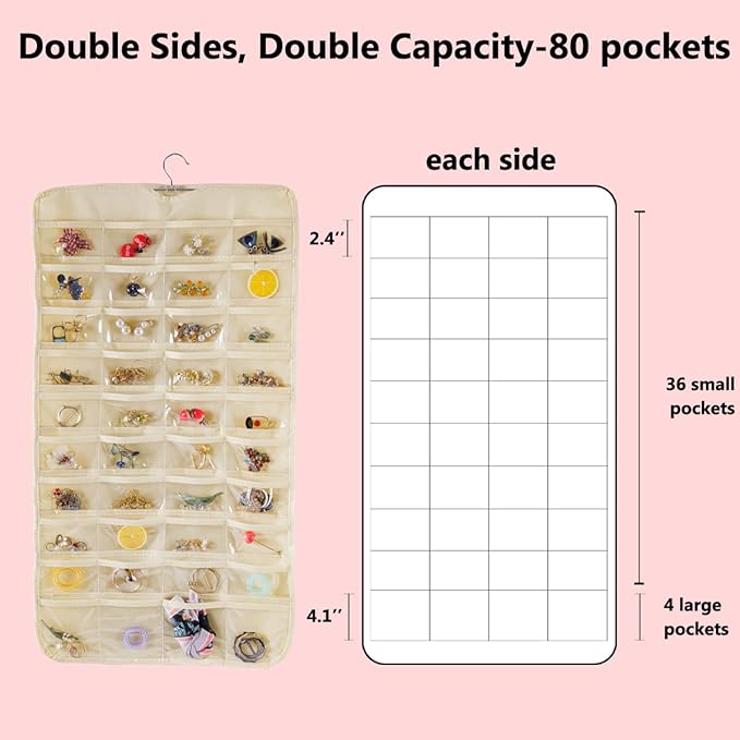 Bloss Hanging Jewelry Organizer 80 Pockets Hanging Double-Side Jewel Hanger For Jewelry Earring Storage, Jewelry Organizers and Storage for Wall, Door, Travel-Beige