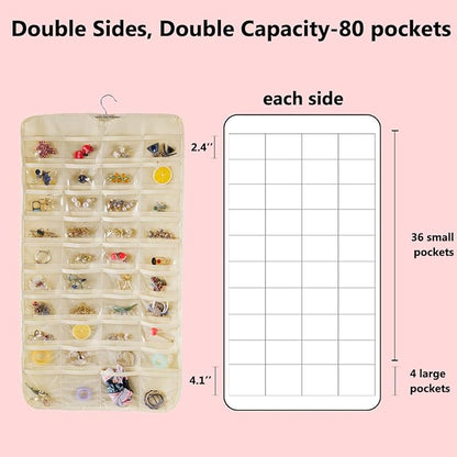 Bloss Hanging Jewelry Organizer 80 Pockets Hanging Double-Side Jewel Hanger For Jewelry Earring Storage, Jewelry Organizers and Storage for Wall, Door, Travel-Beige