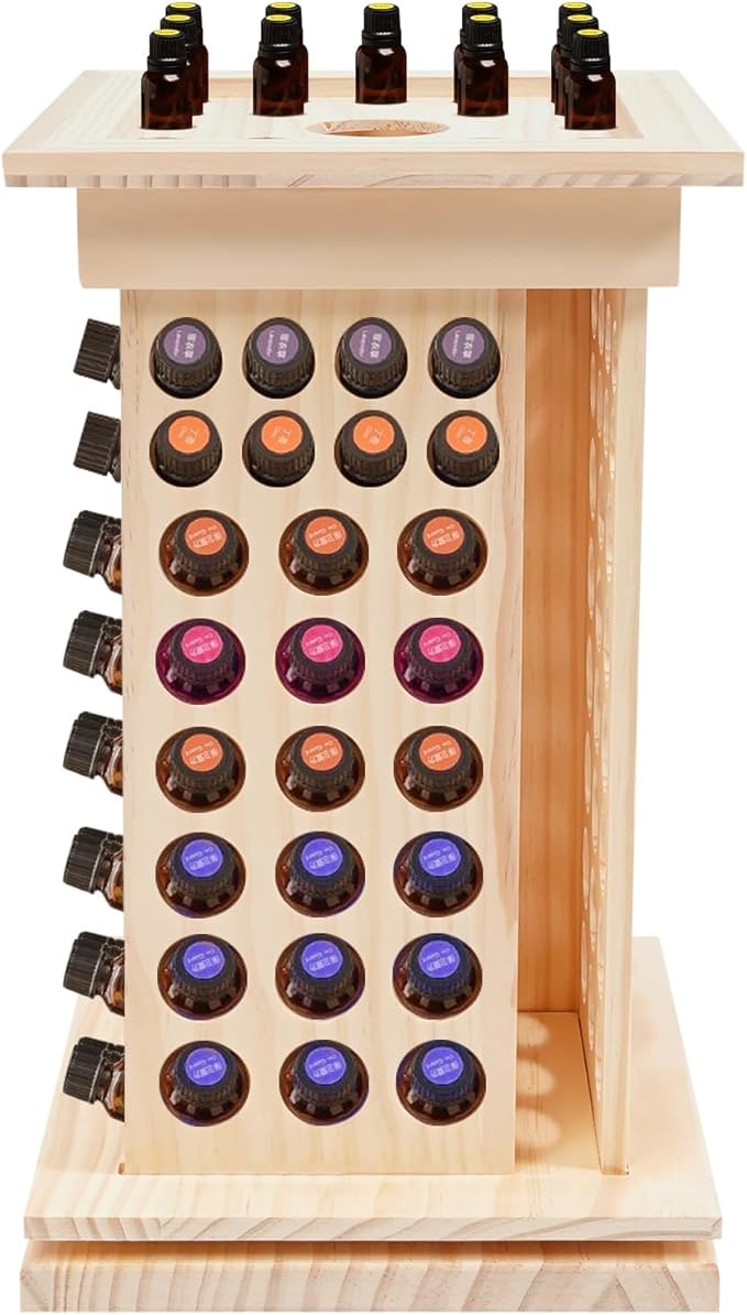 125-Slot Wooden Essential Oil Display Rack, Rotating 360° Organizer for 0.5oz/0.17oz Bottles, Lipsticks, Nail Polish, Vertical Space-Saving Countertop Holder for Home, Spa, Salon, 9.25*16.14in