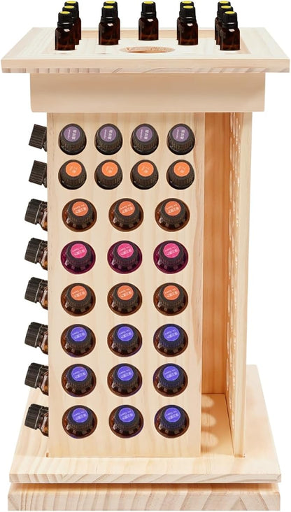 125-Slot Wooden Essential Oil Display Rack, Rotating 360° Organizer for 0.5oz/0.17oz Bottles, Lipsticks, Nail Polish, Vertical Space-Saving Countertop Holder for Home, Spa, Salon, 9.25*16.14in
