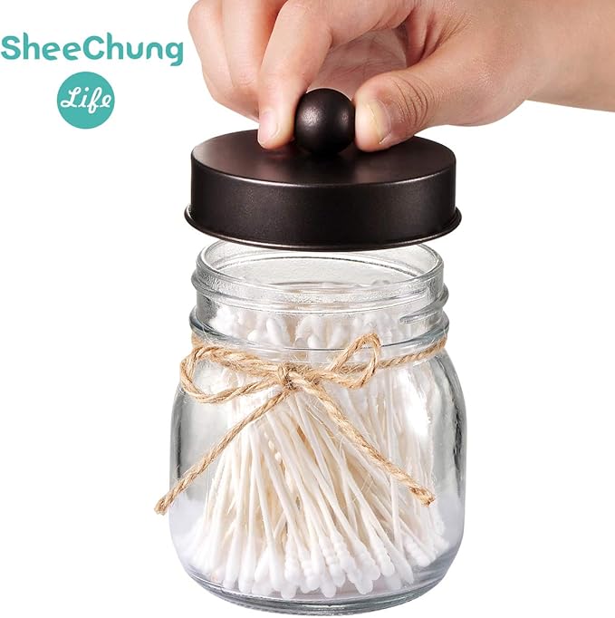 SheeChung Small Mason Jars with Lids - Qtip Holders Set, Bathroom Jars, Bathroom Organizers and Storage for Q-tips, Cottons, Floss, Balls, Cotton Swabs - Bronze