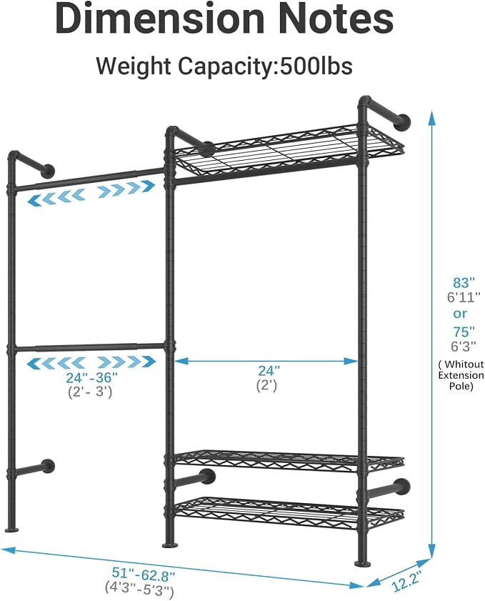 Timate F2 Industrial Pipe Clothes Rack Wall Mounted Clothing Rack for Hanging Clothes, Expandable Garment Racks Heavy Duty Wardrobe Closet Organizer and Storage, Black Adjustable Industrial Closet Kit