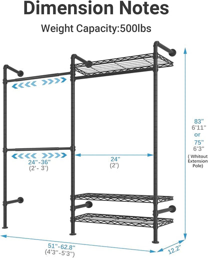 Timate F2 Industrial Pipe Clothes Rack Wall Mounted Clothing Rack for Hanging Clothes, Expandable Garment Racks Heavy Duty Wardrobe Closet Organizer and Storage, Black Adjustable Industrial Closet Kit