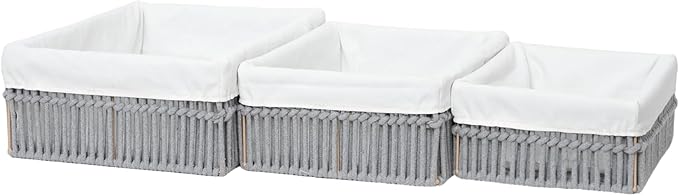 Cotton Rope Storage Baskets (Set of 3) - Hand Woven Organizing Basket with Removable Liner & Iron Frame, Decorative Shelf Storage for Closet & Bedroom (Gray)
