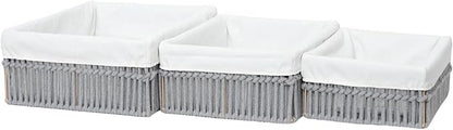 Cotton Rope Storage Baskets (Set of 3) - Hand Woven Organizing Basket with Removable Liner & Iron Frame, Decorative Shelf Storage for Closet & Bedroom (Gray)