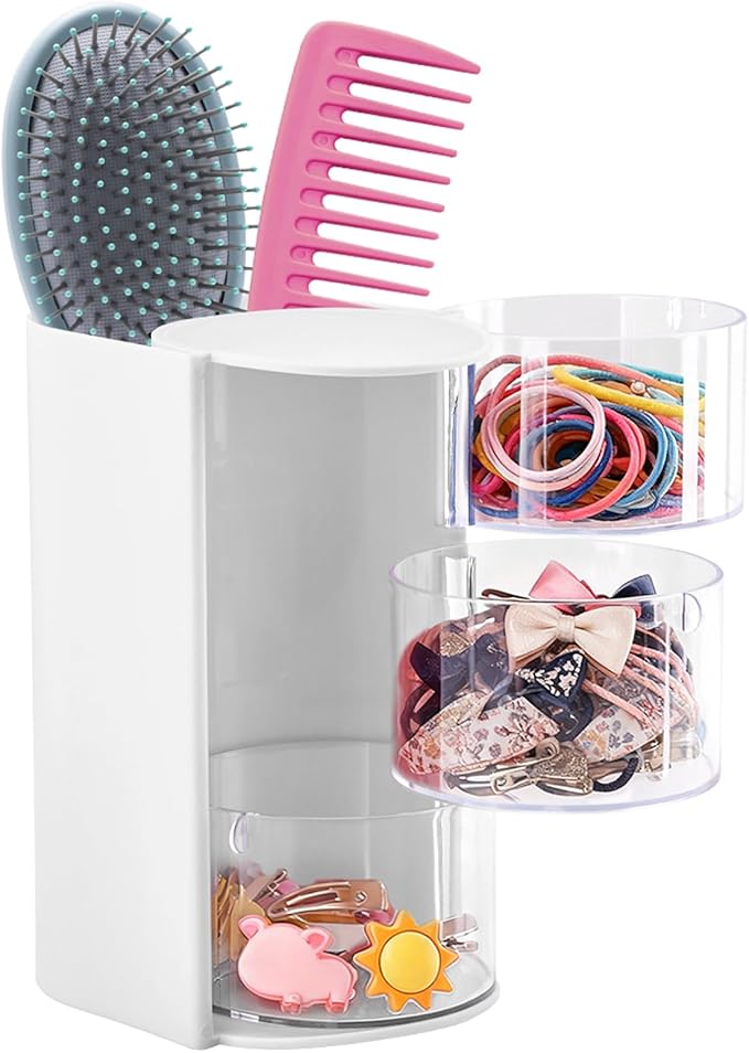 3-Layer Hair Accessories Organizer with Hair Brush Holder,Rotatable Makeup Brush Holder for Necklaces,Earring, Bracelet,Ring,Desktop Organizer Case for Cotton Swab(White)