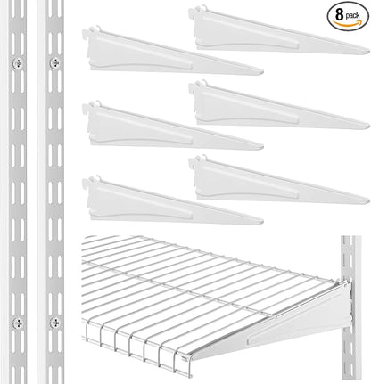 CroBlissful 47.5 Inch Twin Rail Upright Wall Shelving System with 12 Inch Locking Shelf Bracket Adjustable Closet System Heavy Duty Metal Support for Deep Wire Shelving Closet (8 Pcs)