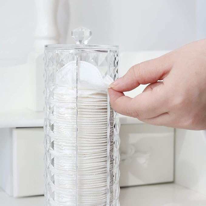 Luxspire Acrylic Makeup Cotton Round Holder, Clear Diamond Pattern Cotton Pads Organizer Container Display Stand Cosmetic Makeup Storage Box with Lid - Clear