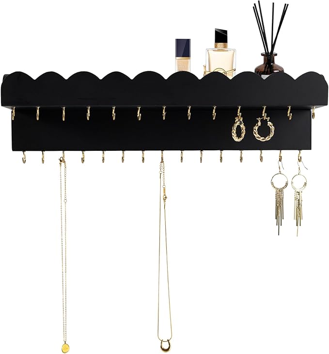 Wall Mount Jewelry Organizer with 28 Hooks and Cosmetics Shelf, Modern Wood Hanging Jewelry Holder for Necklaces, Bracelets, Earrings and Rings, Black