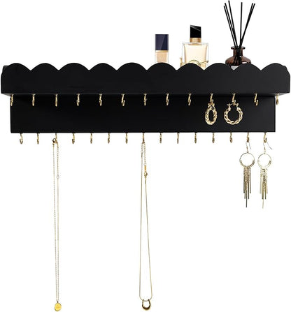 Wall Mount Jewelry Organizer with 28 Hooks and Cosmetics Shelf, Modern Wood Hanging Jewelry Holder for Necklaces, Bracelets, Earrings and Rings, Black