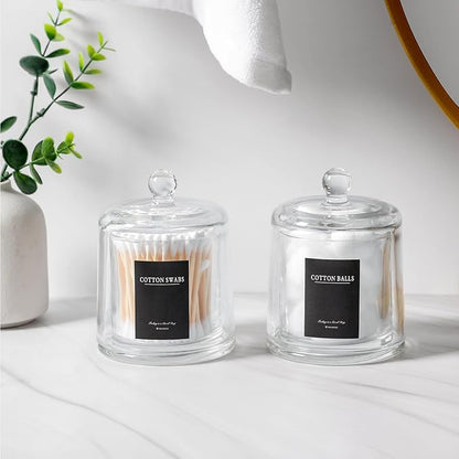 Qtip Holder Thick Glass Apothecary Jars with Lid for Bathroom Accessories Vanity Organizers and Makeup Storage for Cotton Ball, Swabs, Candy, Jewelry, Bathroom Decor, 2 Pack Clear