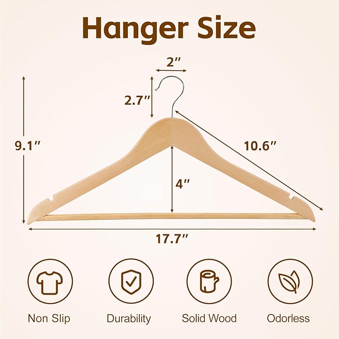 JupiterForce Wooden Clothes Hangers 50 Pack, Non-Slip Wood Hangers with 360° Swivel Hook & Shoulder Grooves, Coat Hanger for Suits, Coats, Shirts, Pants, Jackets and Dress(Natural)
