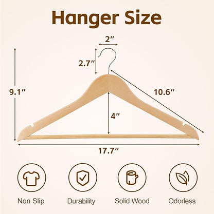 JupiterForce Wooden Clothes Hangers 50 Pack, Non-Slip Wood Hangers with 360° Swivel Hook & Shoulder Grooves, Coat Hanger for Suits, Coats, Shirts, Pants, Jackets and Dress(Natural)