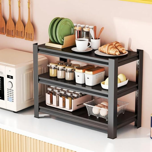 3 Tier Kitchen Storage Rack, Adjustable Metal Shelving Unit, Heavy Duty Bakers Rack with Solid Shelves for Kitchen Pantry, Coffee Bar, Estantes para Cocina - 15.8"W x 11.8"D x 31.5"H, Black