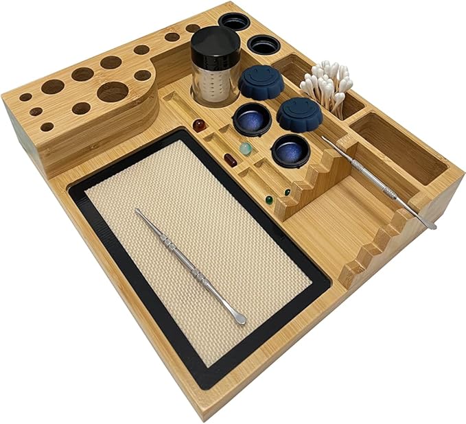 Bamboo Desk Organizer,Carving Tool Organizer with Non-sticky Mat and Silicone Container (28 x 24 x 4.5cm)