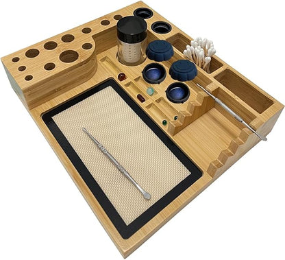 Bamboo Desk Organizer,Carving Tool Organizer with Non-sticky Mat and Silicone Container (28 x 24 x 4.5cm)