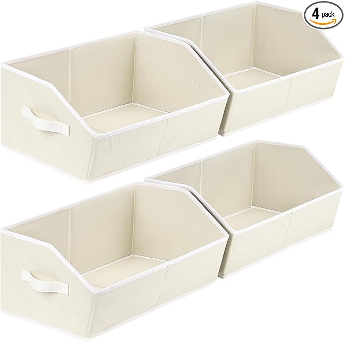 Homsorout Cube Storage Organizer - Large Bins with Handle, Trapezoid Organizing Baskets for Shelves, Decorative Storage Baskets for Clothes, Blankets, Books, 4 Pack, Beige