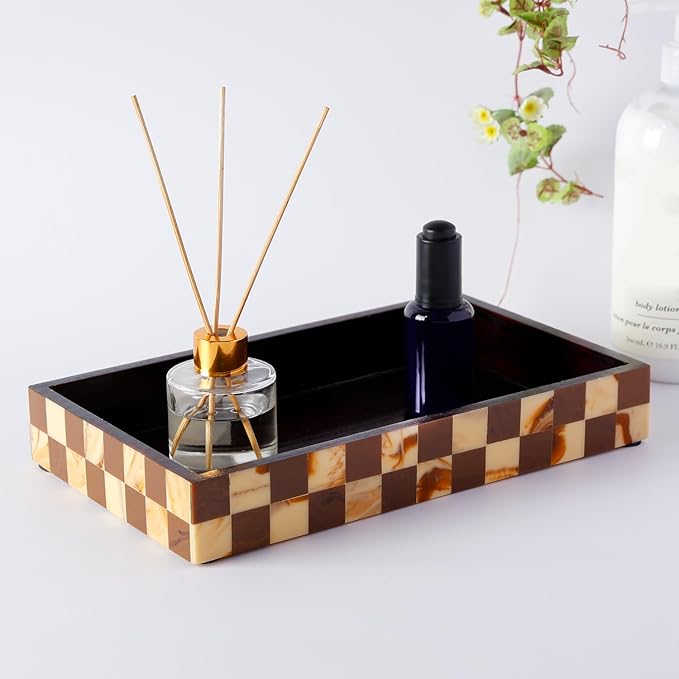 Handicrafts Home Small Bathroom Tray for Countertop, Resin Inlay Vanity Tray for Perfume & Cosmetics, Guest Towel Holder, Decorative Serving Tray for Bathroom,10x6, Vintage Decor, Brown Bathroom Tray