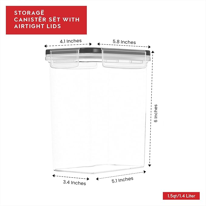 DWËLLZA KITCHEN Airtight Food Storage Container Set - 8 Pieces 1.4L - Plastic BPA Free Kitchen Pantry Storage Containers with Lids - Dishwasher Safe - Include 8 Labels - Keeps Food Fresh & Dry