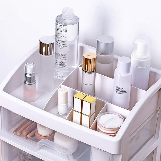 Makeup Organizer with 3 Drawers, Bathroom Vanity Countertop Storage for Cosmetics, Brushes, Lotion, Nail Lipstick and Jewelry (White)