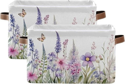 YETTASBIN Herbal Wildflowers Storage Basket 1pc, Large Collapsible Toys Clothes Organizer, Durable Canvas Storage Bin with Handle for Shelves Closet Laundry Home Office Decor