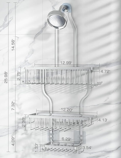 YASONIC Never-Rust Aluminum Hanging Shower Caddy – Over-the-Showerhead Organizer with 10 Hooks for Razor and Sponge – Includes Soap Basket – Silver
