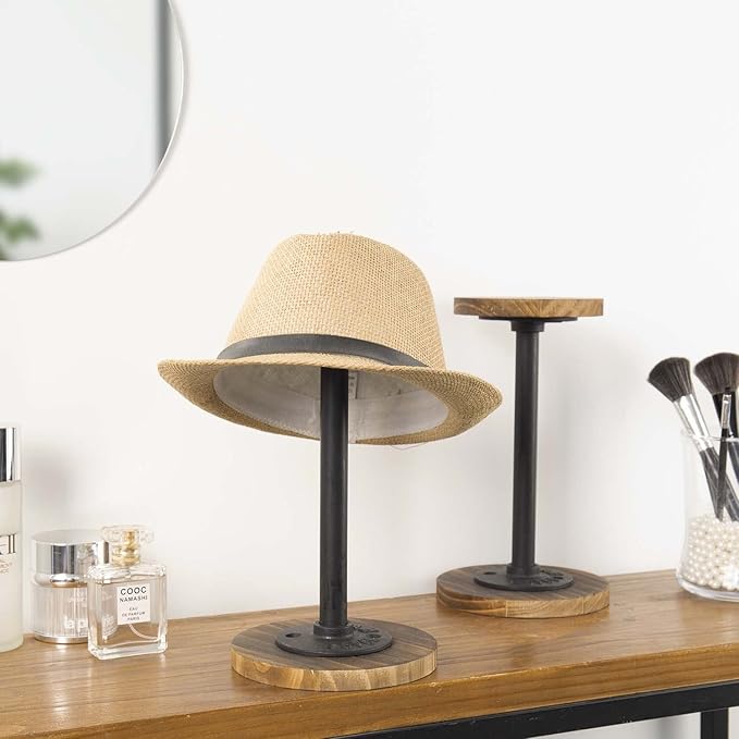 MyGift 4 Pcs Hat Rack Stand, Cowboy Hat Holder, Baseball Cap Organizer Storage, Tabletop Wig Display Stand, Jewelry Pedestal, Rustic Burnt Wood and Black Metal Pipe