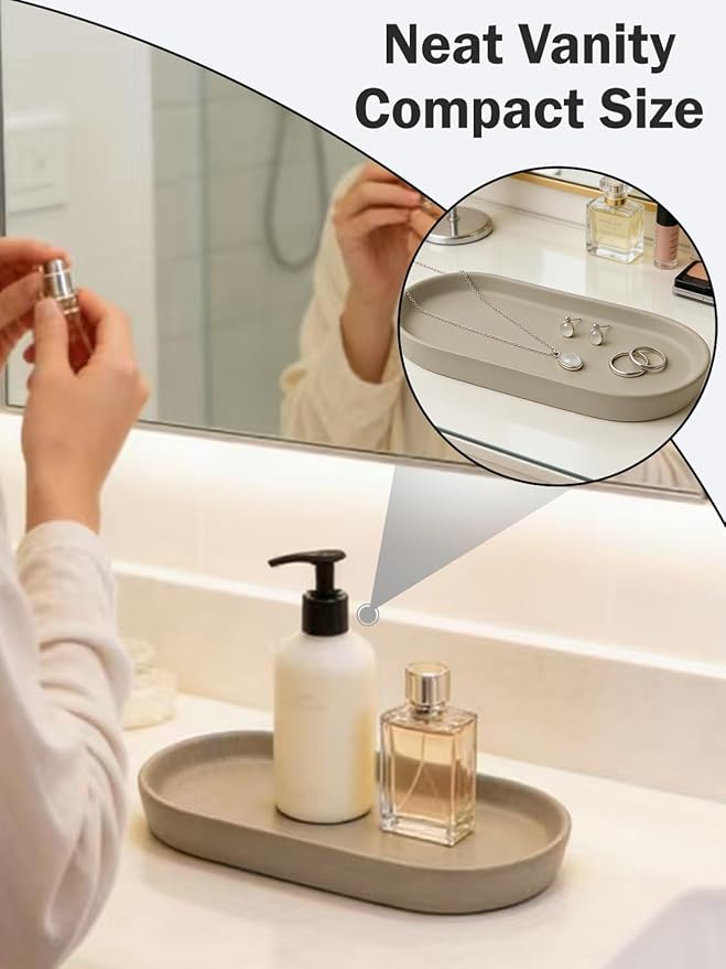 Matte Taupe Ceramic Bathroom Tray for Countertop, Minimalist Vanity Organizer Dish for Perfume, Jewelry & Soap, Oval Decorative Tray for Bathroom Sink, Dresser, Kitchen or Coffee Bar