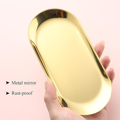 1Pcs Manicure Tools Storage Tray, Oval Stainless Steel Storage Dish Nail Art Accessory Display Tray Jewelry Rhinestone Cosmetic Nail Decorations Organizer Metal Storage Plate (Gold)
