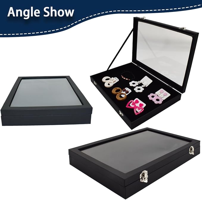 Large Pin Display Case Enamel Pin Collection Holder 14" X 9.5" Jewelry Display Case with Transparent Lid Jewelry Box Organizer for Pins, Ring, Earring Black Jewelry Tray Organizer