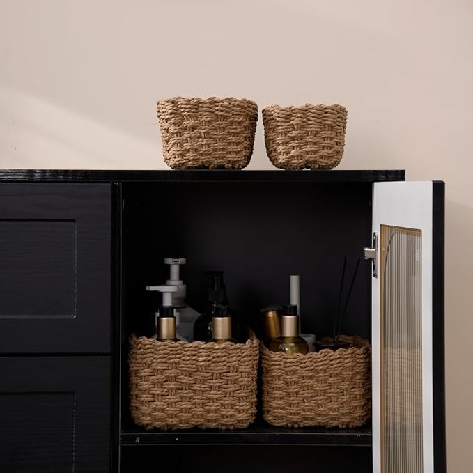 4PCS Woven Storage Baskets Set, Small Baskets for Organizing, Square Handwoven Paper Rope Organizer Bins for Shelves and Home Storage (Brown)