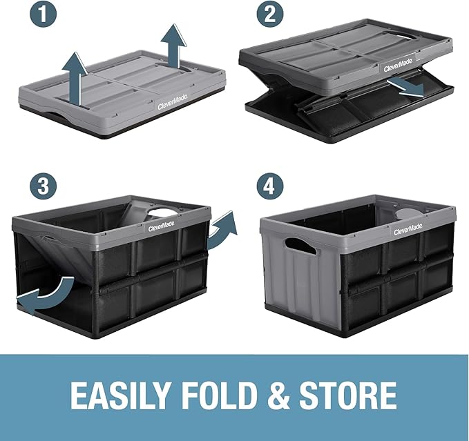 CleverMade Collapsible Storage Bins 32L 3 Pack – Heavy Duty Foldable Storage Bins with Built-In Handles for Garage Storage and Home Organization - Stone