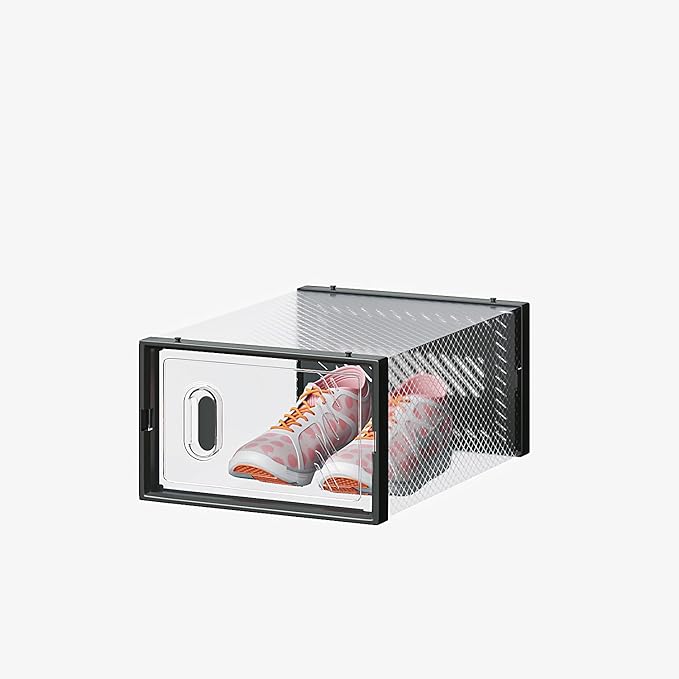 Shoe Storage Organizer Stackable Boxes for Closet, Space-Saving Shoe Rack for Sneaker Boot Container, Plastic Shoe Cabinet Shoe Box 6 Pack (Black)