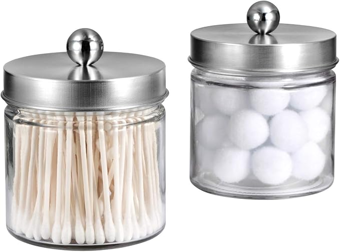 SheeChung 2-Pack Brushed Nickel Mason Jar Qtip Holder - Glass Apothecary Jars Bathroom Organizer - Rust-Proof Stainless Steel Lid for Cotton Swabs, Balls, Pads, Flossers - Modern Farmhouse Decor
