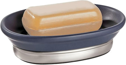 iDesign Ceramic and Steel Bar Holder, The York Collection Soap Dish, Matte Navy/Brushed Nickel