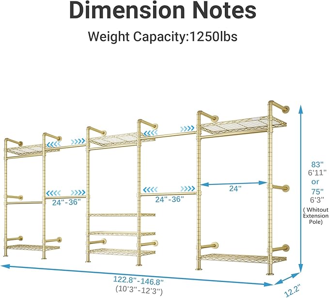 Timate F5 Expandable Wall Mounted Clothes Rack with 8 Adjustable Shelves & 4 Expandable Hanger Rods, Heavy Duty Industrial Pipe Clothing Rack for Hanging Clothes, Fits Spaces 10'3"- 12'3", Gold