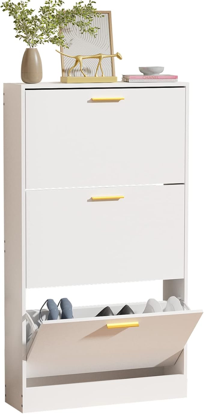 JOZZBY Shoe Cabinet Storage with 3 Flip Drawers for Entryway, White Slim Freestanding Modern Narrow Shoe Organizer Rack Cabinet for Hallway, Living Room, Set of 2