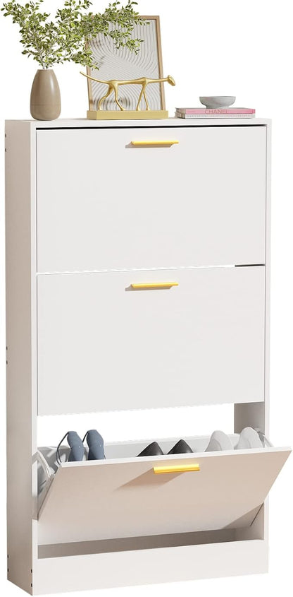 JOZZBY Shoe Cabinet Storage with 3 Flip Drawers for Entryway, White Slim Freestanding Modern Narrow Shoe Organizer Rack Cabinet for Hallway, Living Room, Set of 2