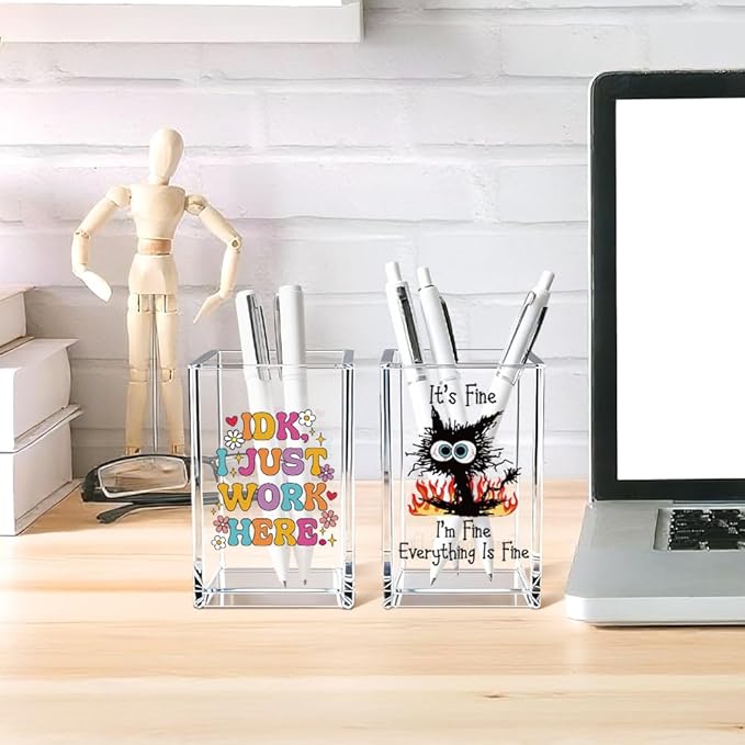 Funny Black Cat Work 2 Pack Acrylic Cosmetic Pencil Pen Holder Cup, Cute Office Pen Holder for Desk, Funny Work Burnout Gifts for Coworker Friend, Office Sarcastic Gifts for Women Colleague Boss
