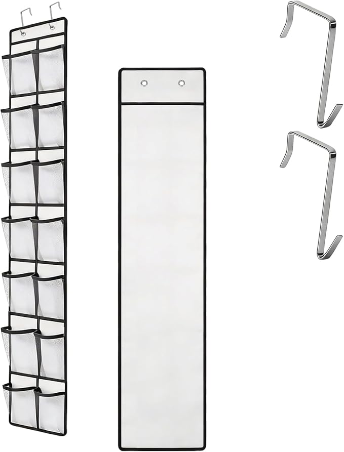 Over the Door Shoe Organizer, 14 Large Breathable Mesh Pockets, Space Saving Hanging Storage, Holds Up to 40 lbs, Hangs on Closets for Shoes, Accessories, White