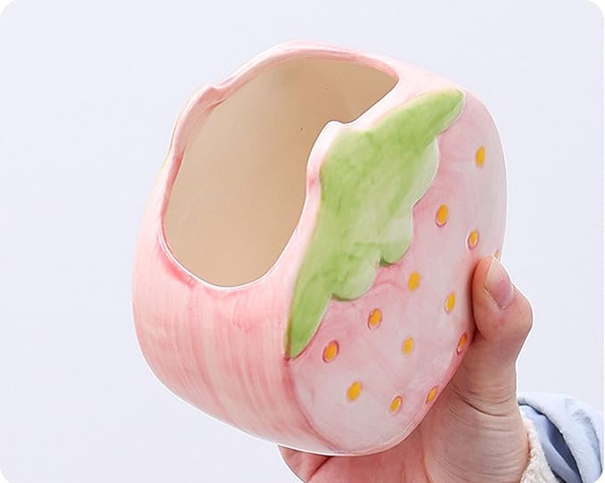 1 PC Ceramic Strawberry Makeup Holder Makeup Organizer Pen Holder Desktop Organizer (Pink)