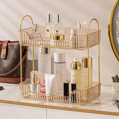shuang qing Bathroom Counter Organizer Countertop Storage, Cosmetics Skincare Shelf, Makeup Organizer Perfume for Dresser Vanity Tray, Spice Rack for Kitchen(2 Tier-Gold)