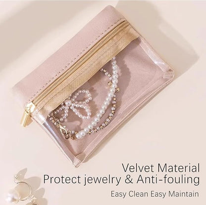 Magiware Small Jewelry Pouch Travel Organizer Bags with Soft Velvet and Zipper, 6PCS Pocket Storage Bag Case Purse Organizer for Women Girl Grandma Gift（ beige）