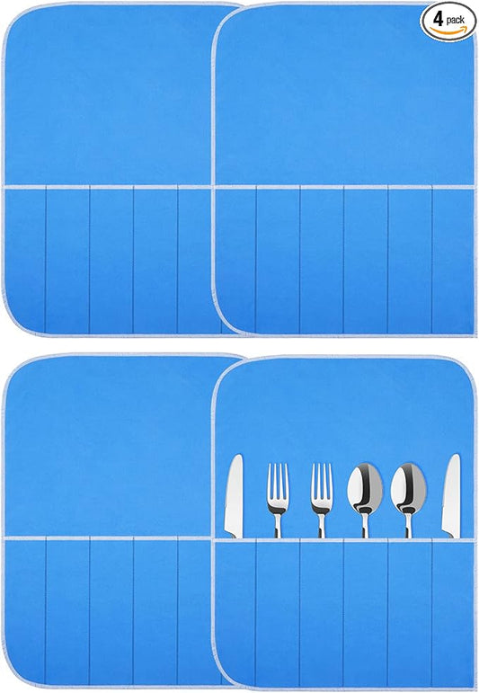 Weewooday Silver Storage Bags Anti Tarnish Silver Protector Bags Blue Holder for Silverware Flatware Storage Organizer Cloth Place Setting Roll with White Ribbon for Teaspoon Utensils(4 Pieces)