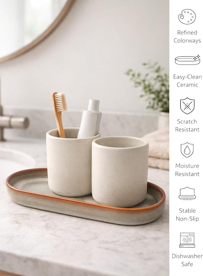 Reactive Glaze Ceramic Bathroom Tray with Brown Rim, Oval Vanity Organizer Dish for Perfume, Jewelry & Soap, Unique Kiln-Fired Decorative Tray for Bathroom Countertop, Dresser, Coffee Bar