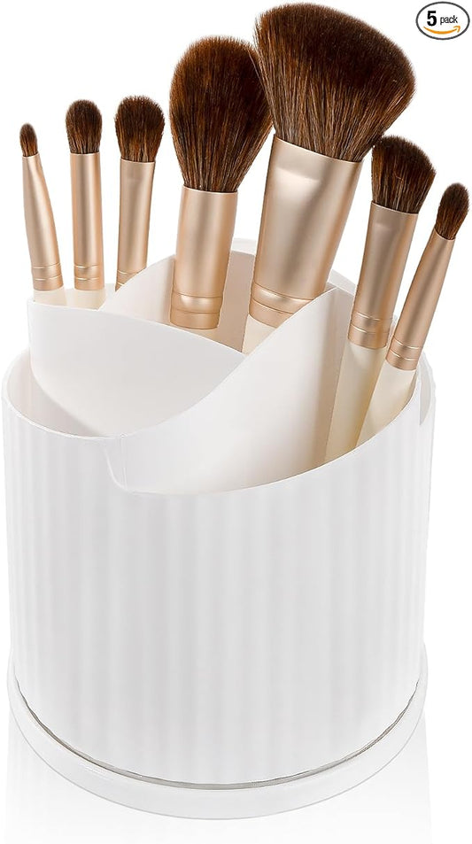 Anyoifax 360 Rotating Makeup Brush Holder Organizer 5 Slots Make Up Brushes Cup Flower-Shaped Spinning Pen Holder for Vanity, Cosmetics, Lipsticks, White